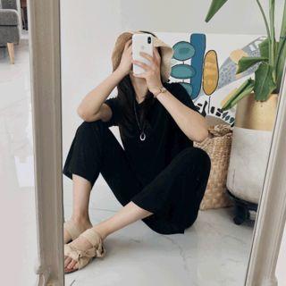 Set: Slit-front T-shirt + Boot-cut Pants Black - One Size
