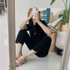 Set: Slit-front T-shirt + Boot-cut Pants Black - One Size