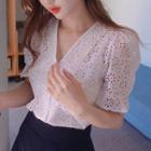 Puff-shoulder Perforated Blouse