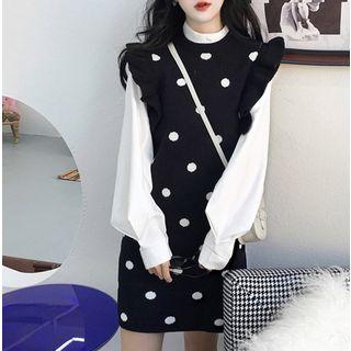 Bubble-sleeved Mock-neck Top / Ruffled-trim Dotted Knit Dress