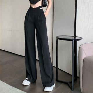 High-waist Cross Strap Straight Wide Leg Plain Pants