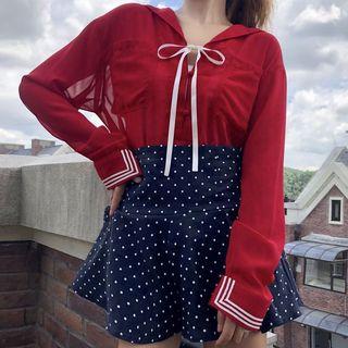 Tie Neck Chiffon Blouse / Dotted Skirt