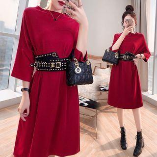 3/4-sleeve Belt-waist Midi Dress