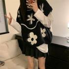Floral Print Sweater Vest White Flower - Black - One Size
