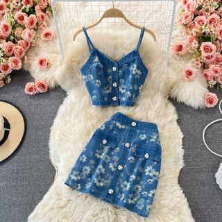 Set: Floral Print Denim Camisole + A-line Skirt