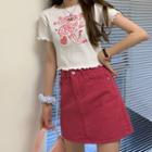 Wood Ear Trim Embroidered T-shirt / Denim Mini Skirt