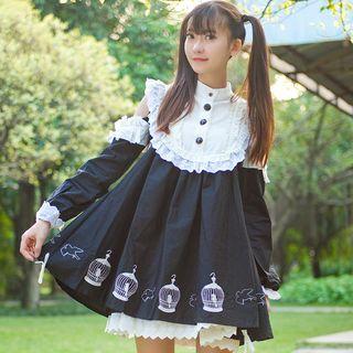 Print Long-sleeve Lace Dress