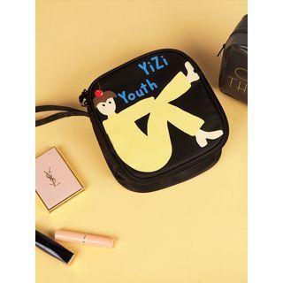 Set Of 2: Faux Leather Lettering Pouch + Cartoon Print Nylon Pouch