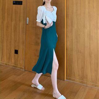 Mock Two-piece Puff-sleeve Two-tone Midi Dress