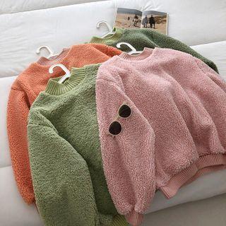 Plain Faux-shearling Crewneck Long-sleeve Sweatshirt