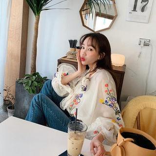 Flower-embroidered Tulle Blouse & Cami