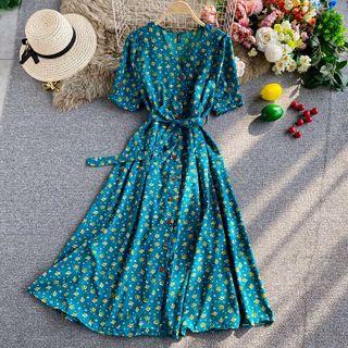 Tie-waist Floral Print Short-sleeve Dress
