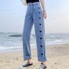 Heart Embroidered Straight Leg Jeans (various Designs)