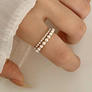 Beaded Ring Ring - Faux Pearl - Rhinestone - Gold - One Size