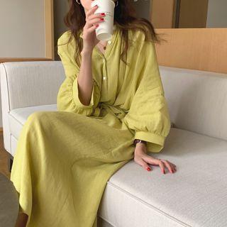 Puff-sleeve A-line Midi Dress Pickle Yellow - One Size