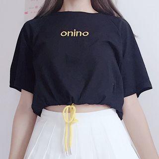 Short-sleeve Lettering Embroidered T-shirt Black - One Size