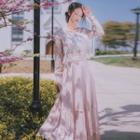 Set: Long-sleeve Floral Top + Maxi A-line Skirt