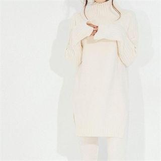 Turtle-neck Cutout-hem Long Sweater