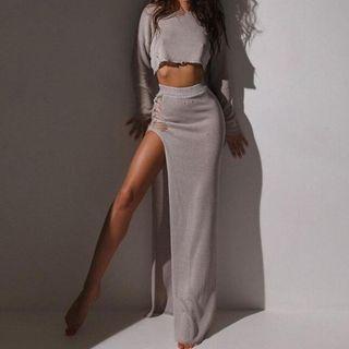 Set: Distressed Crop Knit Top + Distressed Slit Midi Skirt
