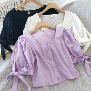 Square-neck Lace-up Short-sleeve Blouse