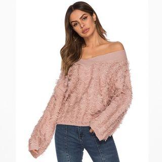Off Shoulder Fringed Knit Sweater