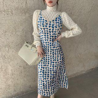 Spaghetti Strap V-neck Heart Print Side Slit Dress