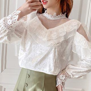 Lace Ruffled Paneled Velvet Blouse
