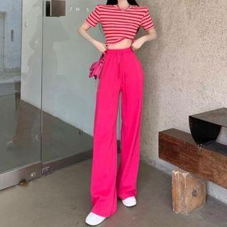 Striped T-shirt / High Waist Wide Leg Pants