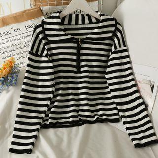 Zipper Peter Pan-collar Striped Knit Top