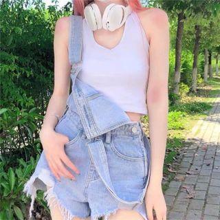 Fray Hem Wide Leg Denim Jumper Shorts