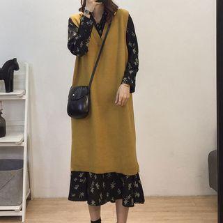 Set: Long-sleeve Floral Print Midi Dress + Sleeveless Midi Knit Dress