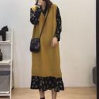 Set: Long-sleeve Floral Print Midi Dress + Sleeveless Midi Knit Dress