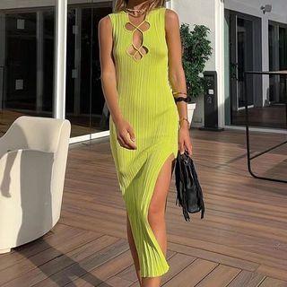 Sleeveless Cut Out Slit Midi Sheath Dress
