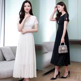 Short-sleeve Embroidered Flower Chiffon A-line Midi Dress