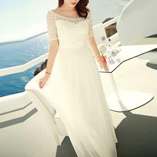 Embellished Short-sleeve Evening Gown