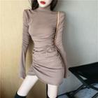 Long-sleeve Mock-neck Shirred Mini Bodycon Dress