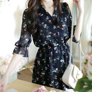 Elbow-sleeve Gathered-waist Floral Print Crewneck Chiffon A-line Dress