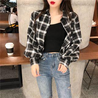 Lantern-sleeve Crop Plaid Shirt