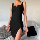 Wide Strap Notch-neck Mini Bodycon Dress