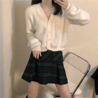 Fluffy Cardigan / Plaid Mini Pleated Skirt