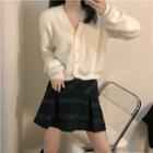 Fluffy Cardigan / Plaid Mini Pleated Skirt