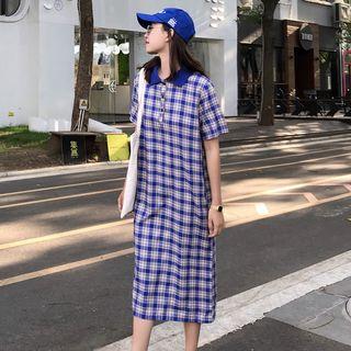 Plaid Short-sleeve Midi Polo Dress
