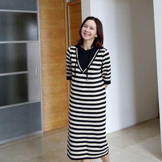 Striped Knit Long Hoodie Dress