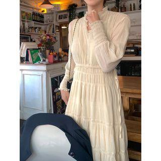 Long-sleeve Ruffle Trim Chiffon Dress Off-white - One Size