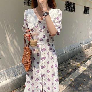 Peter Pan Collar Frill Trim Short-sleeve Floral Dress White - One Size