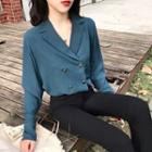 Plain Double-breasted Long-sleeve Blouse