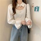 Long-sleeve Collared Knit Panel Blouse