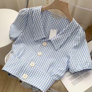Short-sleeve Collar Gingham Blouse