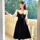 Mock Two-piece Puff-sleeve Lace Trim A-line Dress