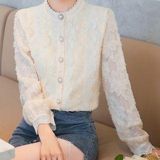 Faux Pearl Buttoned Lace Blouse